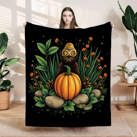 Cozy Flannel Blanket with Whimsical Owl & Pumpkin Design - Soft Warm Perfect for Sofa Travel Bed or Chair - Vibrant & Durable