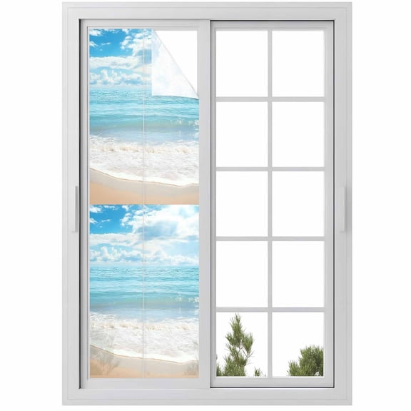 Blue Ocean Window Privacy Film, Coastal Sea Beach Shore Sky Waves Scenery Static Cling UV Sun Blocking Heat Control Window Tint Day and Night, Non-Adhesive One Way Windows Privacy Cover 17.7''x78.7''