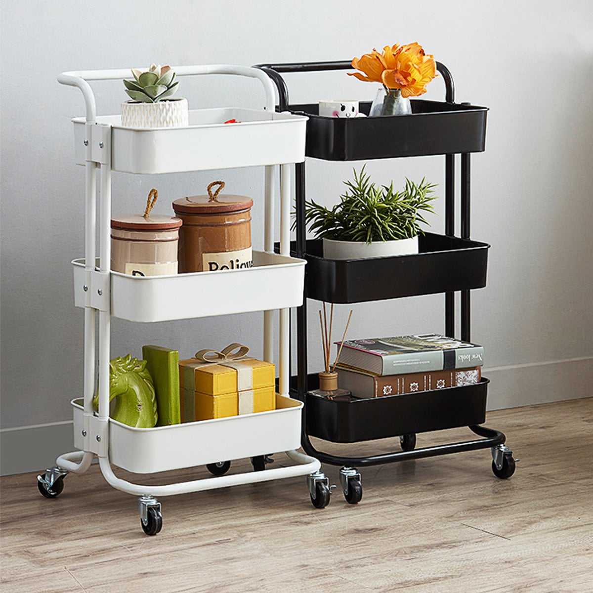 Movable Storage Organizer Shelves Multifunction Storage Trolley Service Cart with Lockable Wheels,Easy Assembly for Kitchen Bathroom Office PECHAM 3-Tier Rolling Utility Cart with Handle 