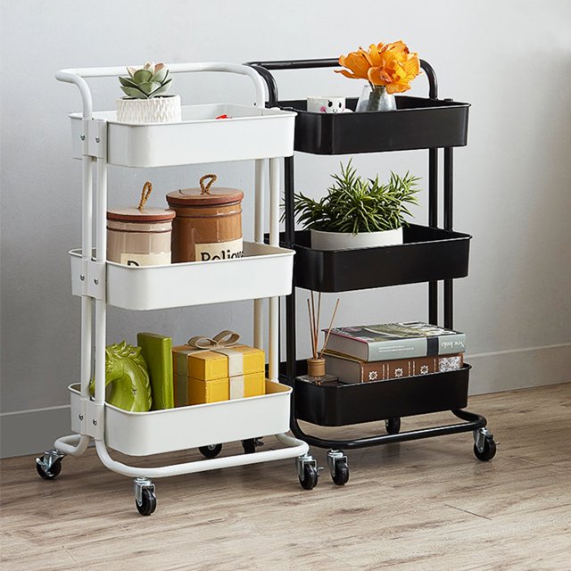 3-Tier Rolling Utility Cart Storage Shelves Multifunction Storage Trolley Service Cart with Handles and Roller Wheels Easy Assembly for Home Bathroom, Kitchen, Office, Black/White