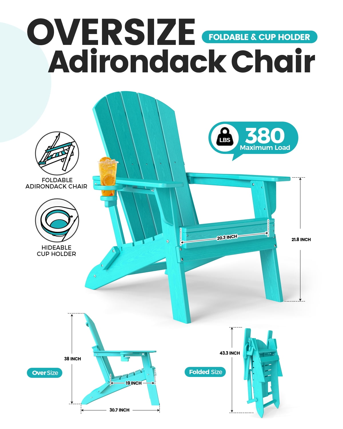 Cobiod Folding Adirondack Patio Chairs With Cup Holder Set of 4, HDPE All-Weather Lounge Chairs for Backyard & Poolside, Aruba
