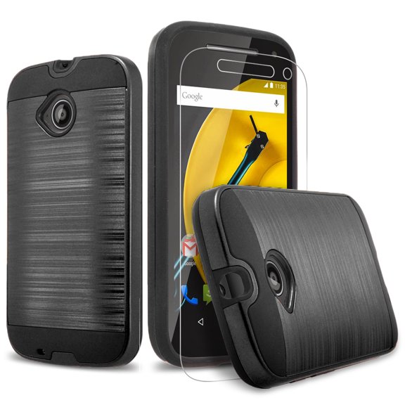 Moto E Case, (2nd Generation) 2-Piece Style Hybrid Shockproof Hard Case Cover with [Premium Screen Protector] Hybird Shockproof And Circlemalls Stylus Pen (Black)
