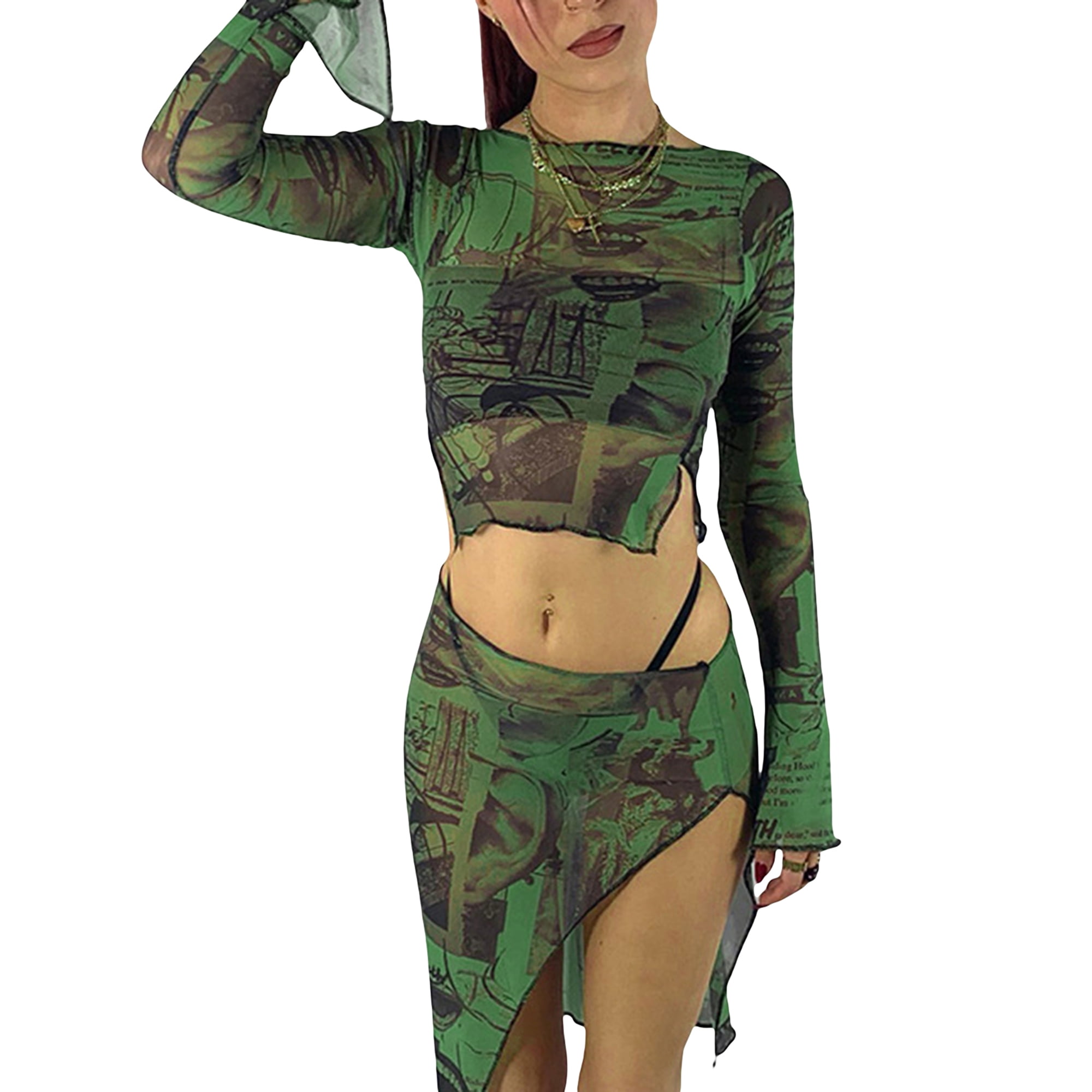 Women Vintage Graphic Print Crop Top Green Mesh Sheer Long Sleeve