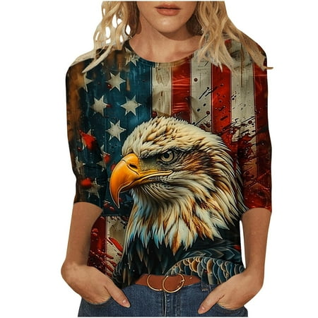 Patlollav 3/4 Length Sleeve Womens Tops Summer Round Neck Shirts Three Quarter Sleeve Tshirts Independence Day