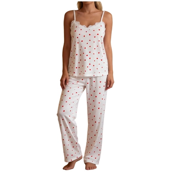 QIbmong Summer Pajama Sets for Women Polka Dot Sleeveless Nightwear Camisole Tops Loose Pants Casual Soft Pjs Outfits(White,XL)