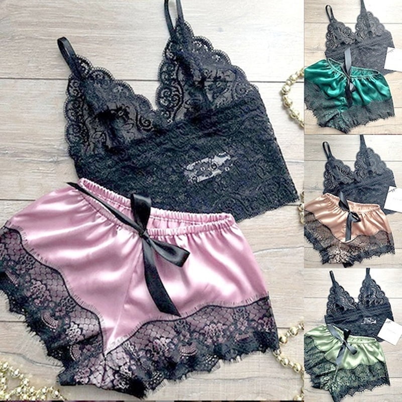 lace trim satin bra shorts sexy lingerie pyjamas set women v neck sleeveless strap pajama set summer sleepwear