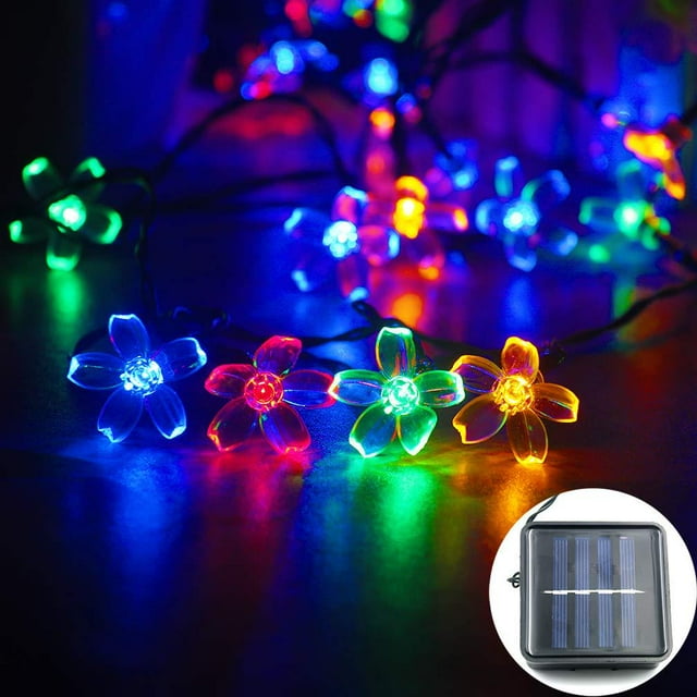 Guirnalda de luces solares con forma de flor de cerezo, impermeable, LED, para jardín, patio, decoración navideña para interiores (7 m, multicolor)