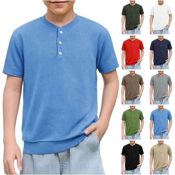 Yeaiivve Boys Henley Shirts Waffle Knit Short Sleeve Tshirts Summer Casual 3 Button Collarless T-Shirt Solid Color Regular Fit Textured Shirt Blue 120