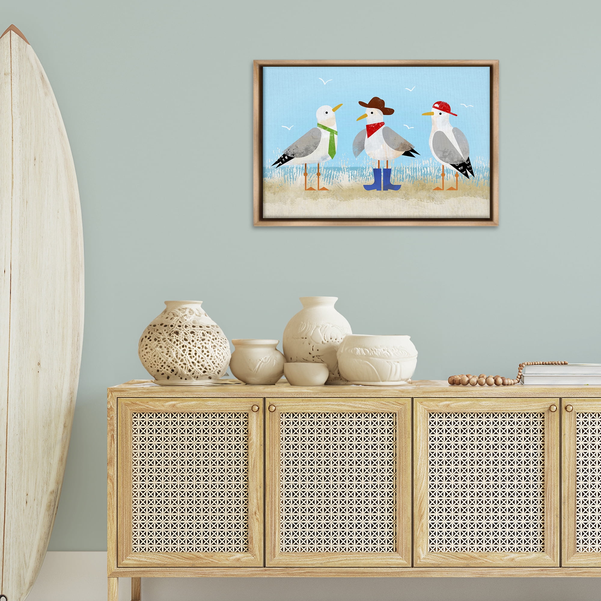 Stupell Industries Dressed Seagulls on Beach Animals Painting Brown Floater Framed Canvas Art Print Wall Art, 31 x 21