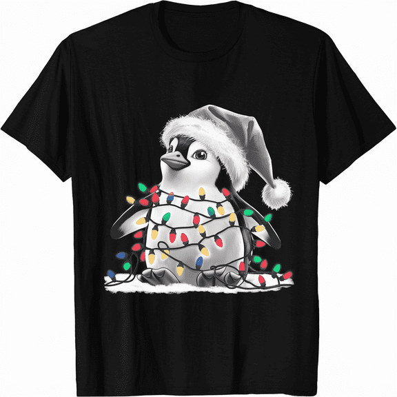 Merry Penguinmas Christmas Lights Cute Penguin Santa Hat T-Shirt