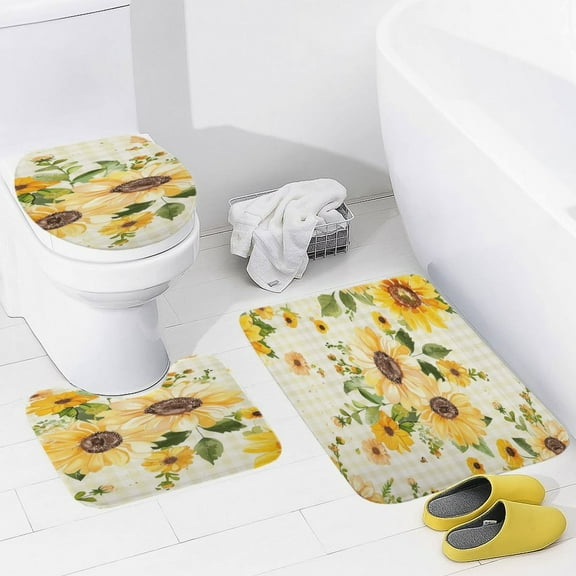 Floral Colorful Flower 3 Pieces Bath Mats Set, Non-Slip Washable Cover Floor Rug Decorations for Kitchen Bathroom Bedroom