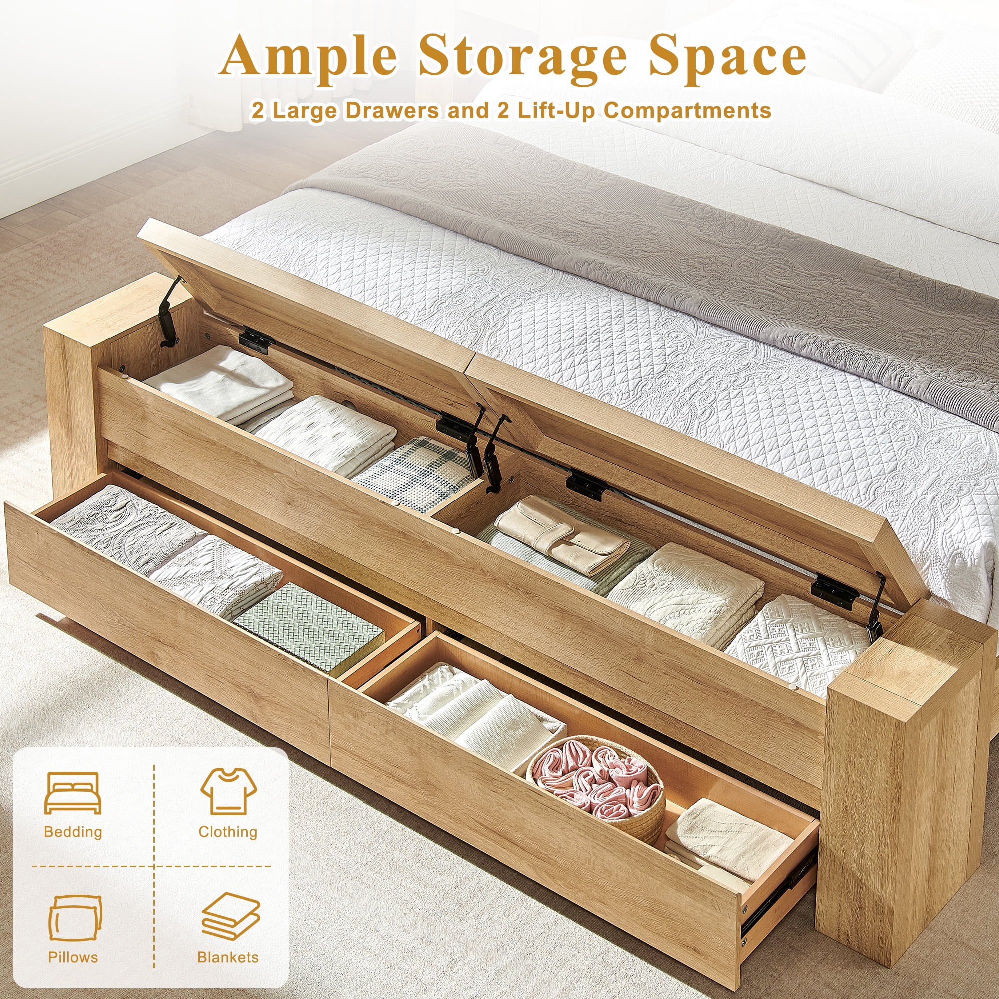 KeyWhat Modern Queen Size Storage Bed Frame with Panel Headboard, Footboard Storage Bench, Built-In Drawers, Lift-Up Compartments, No Box Spring Needed, Natural Oak