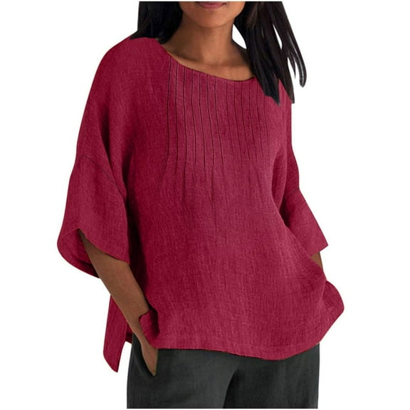Endives Womens Linen Shirts Solid Color 3/4 Sleeve Tops Summer Casual Loose Round Neck Work Blouses Ladies Basic Tunic Tops