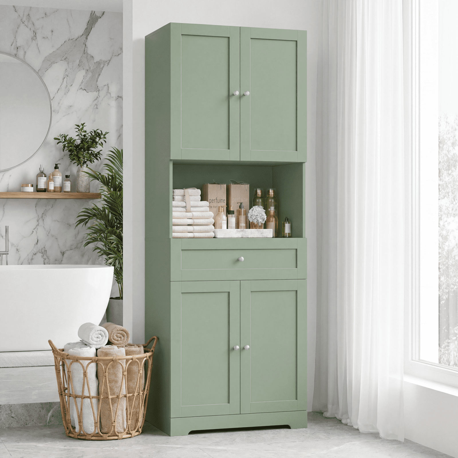Homfa 67.5" Tall Modern Bathroom Storage Cabinet with Drawer, 4 Door Modern Freestanding Storage Cabinet Cupboard, Green