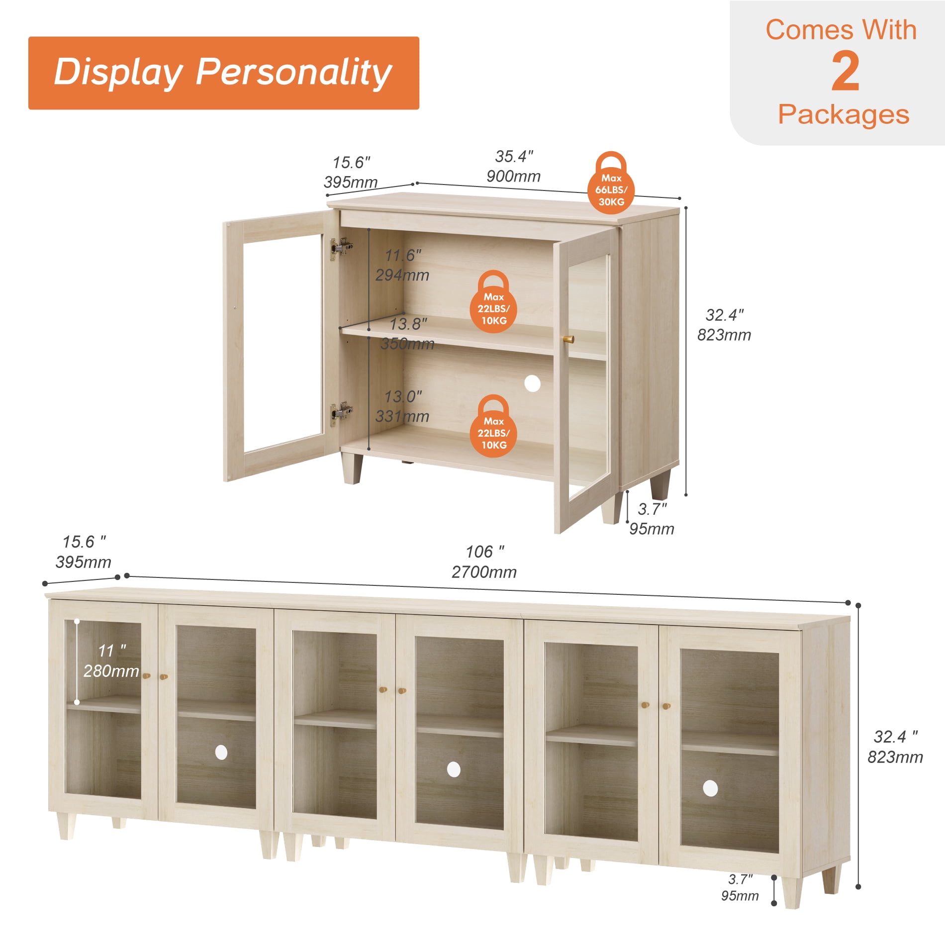 Set of 3 Buffet Cabinet Sideboard With Glass Doors, Adjustable Shelves and Cable Management For Kitchen Dining Room, 106" W, White Oak Wood