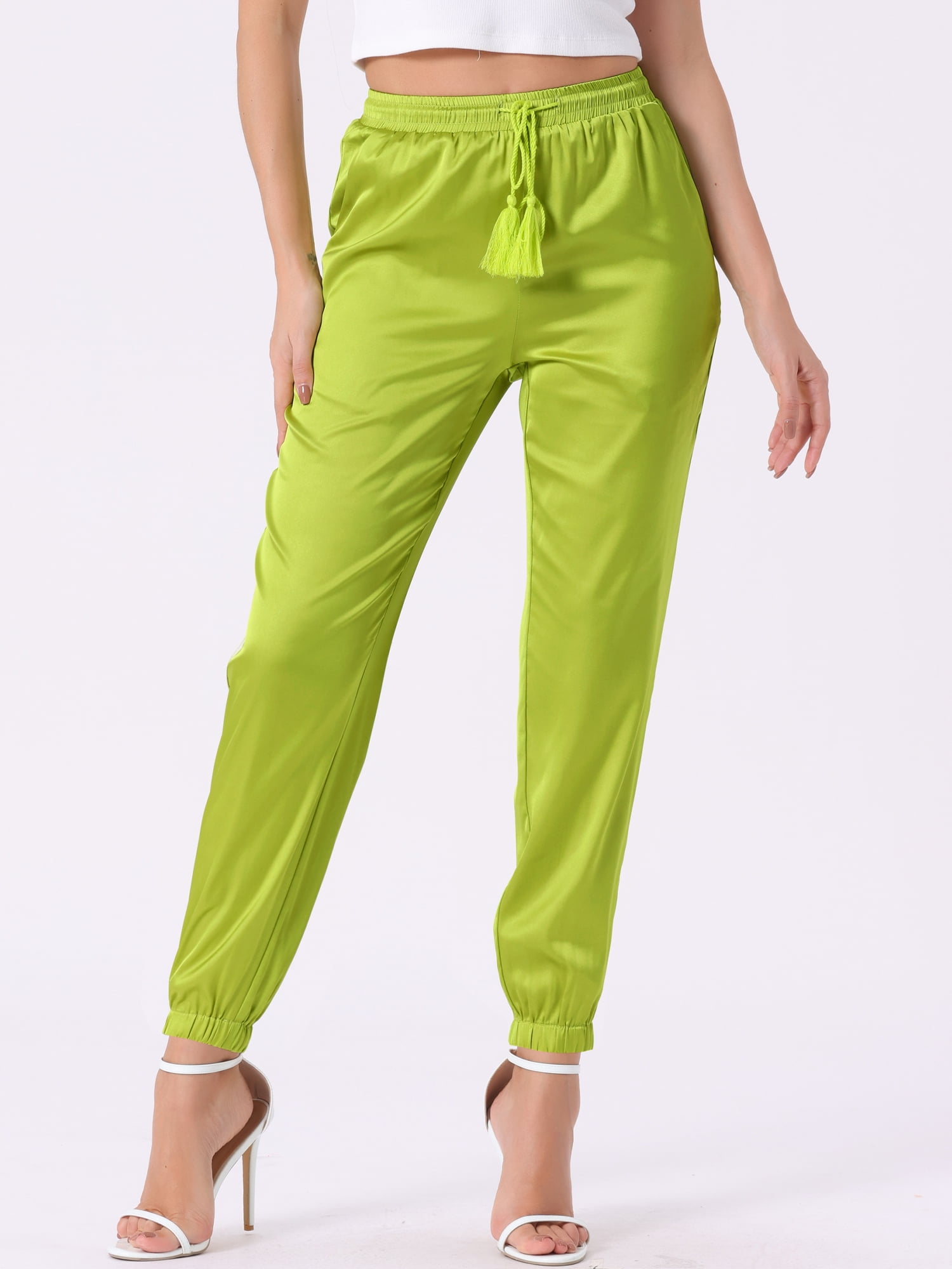 DARING DIVA Women's Satin Straight Leg Ankle Length Joggers Small Fluorescent Yellow