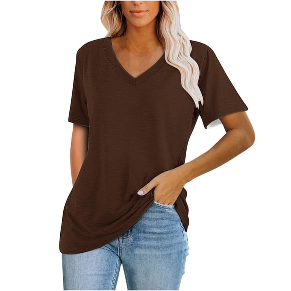 Mrat Tunics Blouse T-Shirt Women's Casual Blouses Solid Color T-Shirt Short Sleeved V-Neck Tops Tunics Blouse T-Shirt S-71 Brown XXL