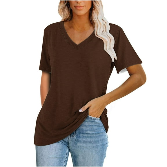 Women V Neck Rolled Sleeve Tops Summer Curved Hem Short Sleeve T Shirts Loose Fit Tees 2025