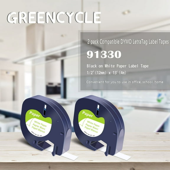 GREENCYCLE 2PK 12mm 4m Black on White Paper Label Tape Compatible for Dymo 91330 91220 91200 59421 S0721510 LetraTag Printer
