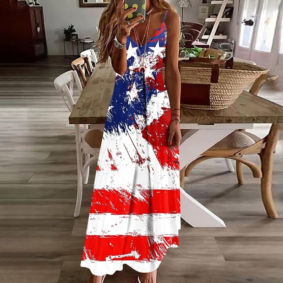 Vetsdori Red White and Blue Maxi Dress for Women's Summer Star Print Slip Dress Patriotic Tank Backless,V-Neck July 4th Womens Dress Ankle Length