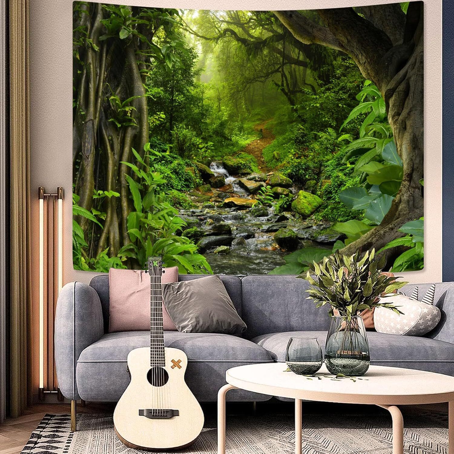 Green Rainforest Tapestry Nature Forest Tapestry for Bedroom Aesthetic Misty Tropical Jungle Trees Flowing Stream Landscape Tapestries Wall Hanging for Living Room Dorm 60 x 40 Inch