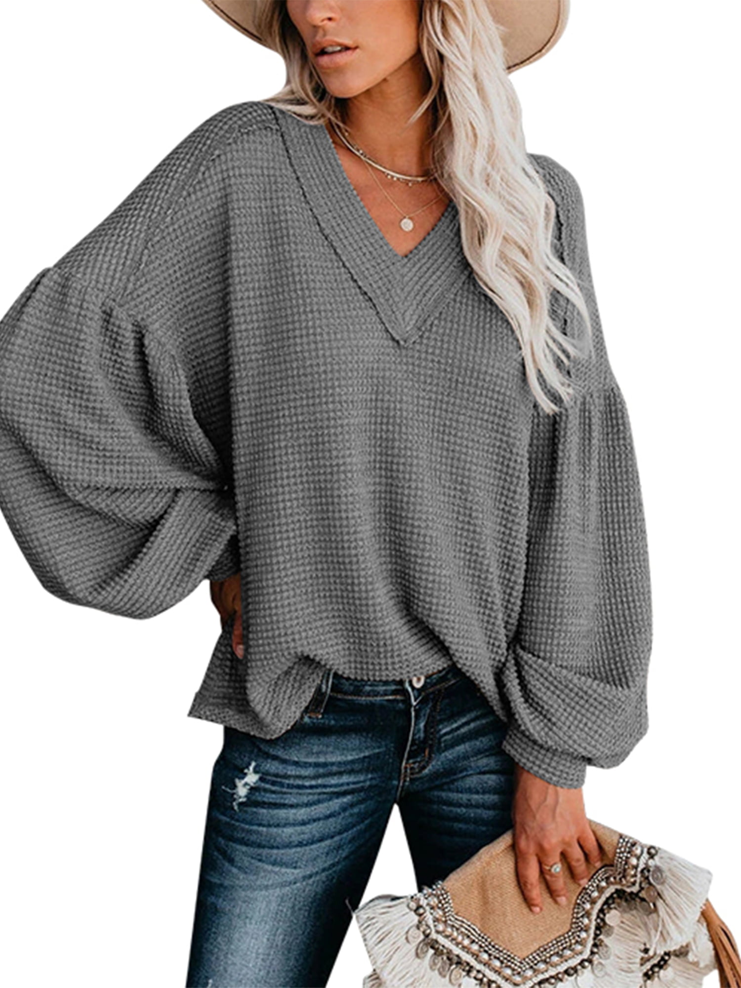 Lazzboy Sweater Womens Puff Long Sleeve Shirt Knitted Casual Solid Loose V Neck Oversize Baggy Plus Size Pullover Slouch Tops