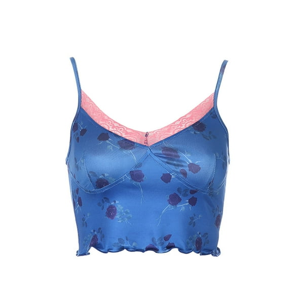 Douhoow Women Summer Floral Vest Lace Patch Tank Tops Blue Mesh V Neck Tanks Sling Sleeveless Tops