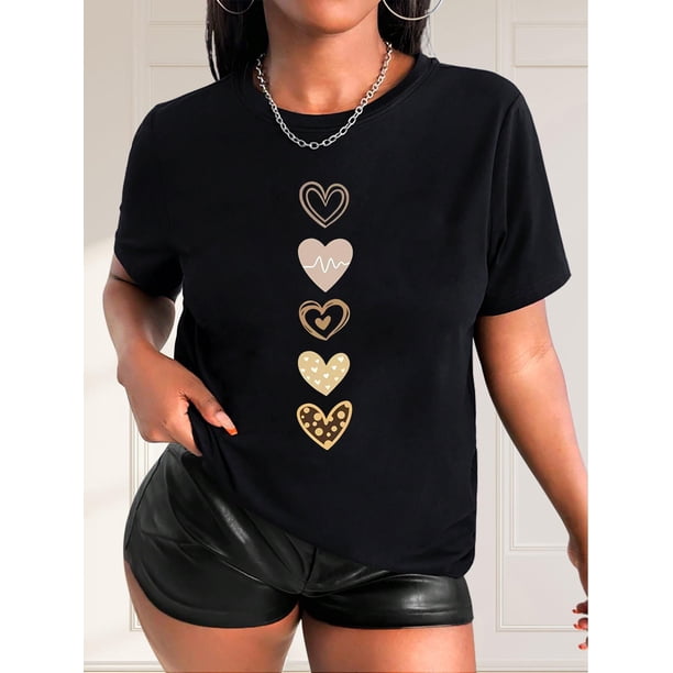 Chic Leopard Heart Print Casual T-Shirt for Women - Crew Neck, Short Sleeve, Breathable Polyester Blend, Semi-Sheer Summer Top with Stretch Fit, Machine Washable - Perfect for Spring/Summer/Fall