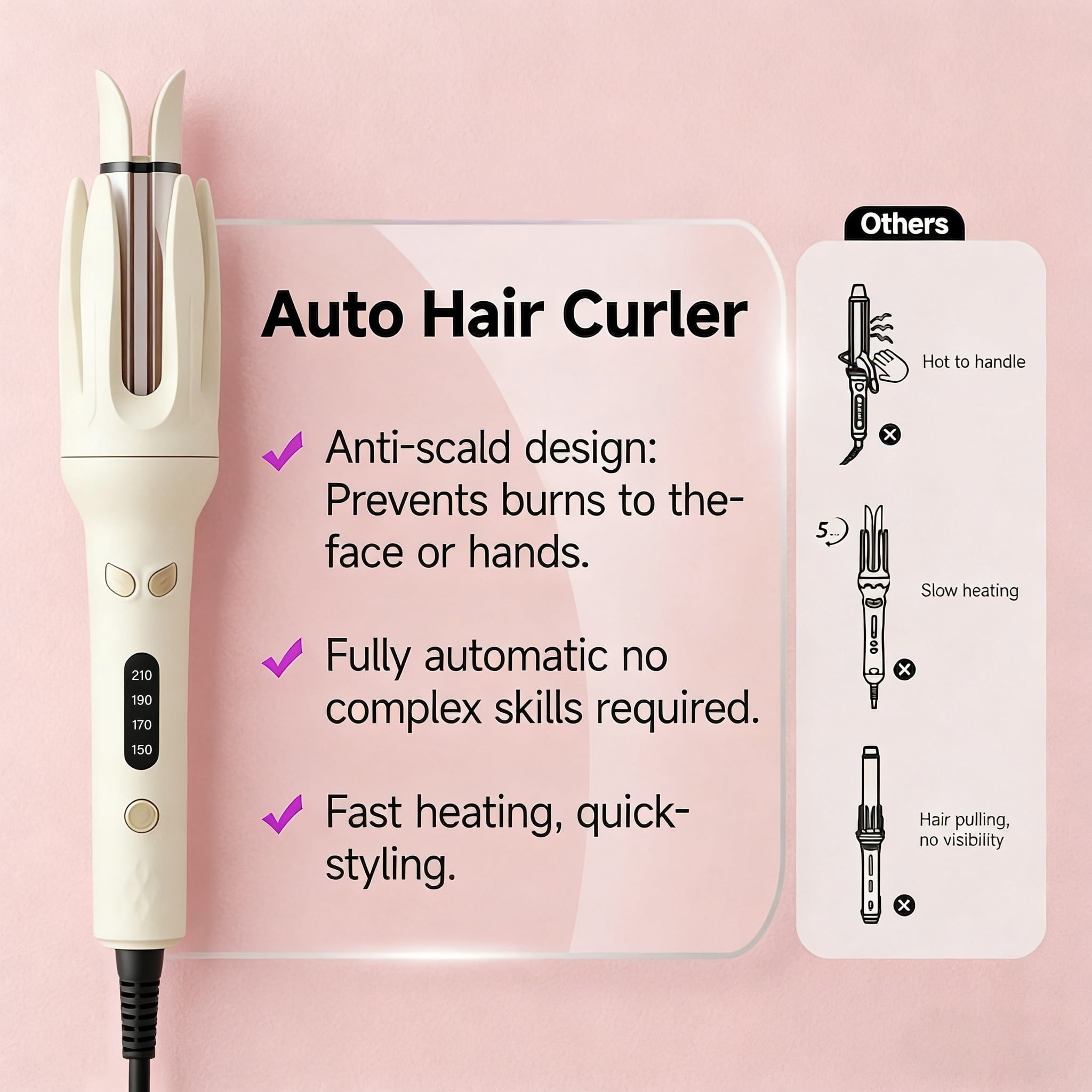Moremore 1.10 in Automatic Curling Iron, Electric Curling Wand, Anti-Tangle Rotating Ceramic Hair Curler, Negative Ionic, Cream Yellow
