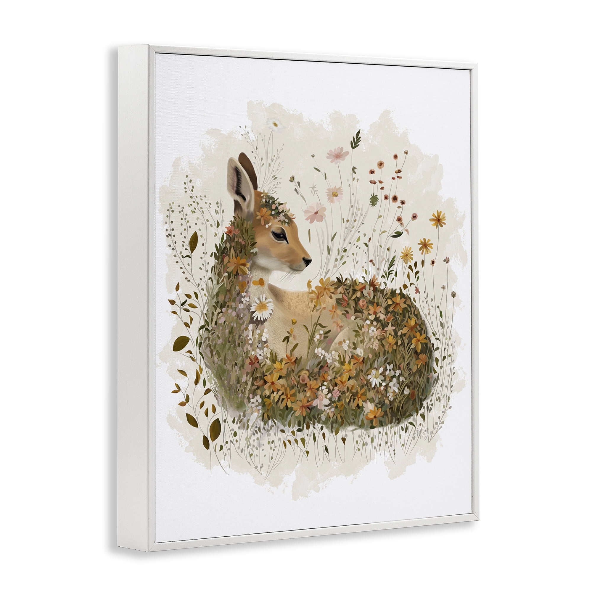 Stupell Industries Daisy & Wildflower Fawn Animals & Insects Painting White Framed Art Print Wall Art, 11 x 14