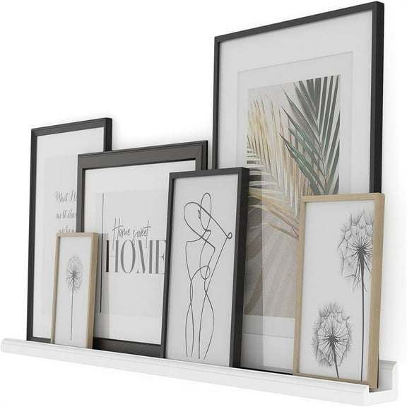 46 Inch White Wall Shelf for Picture Frames, Narrow Picture Ledge Shelf for Wall Decor, Wood