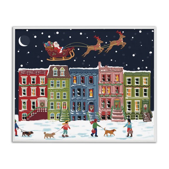 Stupell Industries Victorian Snowy Christmas Town Santa Overhead White Framed Giclee Art, 14 x 11, by Nancy McKenzie