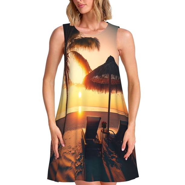 Easygdp Hawaiian Sunset Beach para Vestido Transpirable de Mujer, Vestido Suelto de Manga Corta con Pliegues y Bolsillos para el Verano