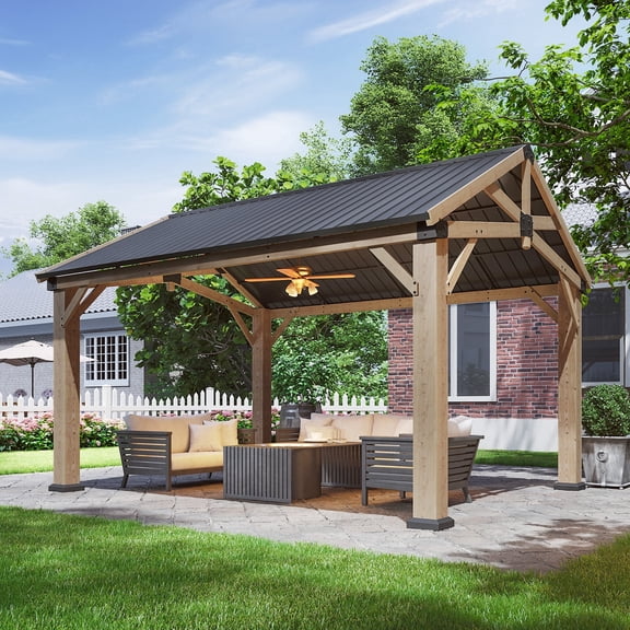 Sunmthink 12' x 14' Outdoor Wood Gazebo, Hardtop Gazebo Permanent Wooden Pavilion with Galvanized Steel Gable Roof, for Patio, Garden, Backyard, Cedar Wood