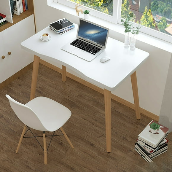 Flmtop Modern Ergonomic Arc Design Thickened Plate Spacious Desktop Computer Desk Solid Wood PC Work Writing Table