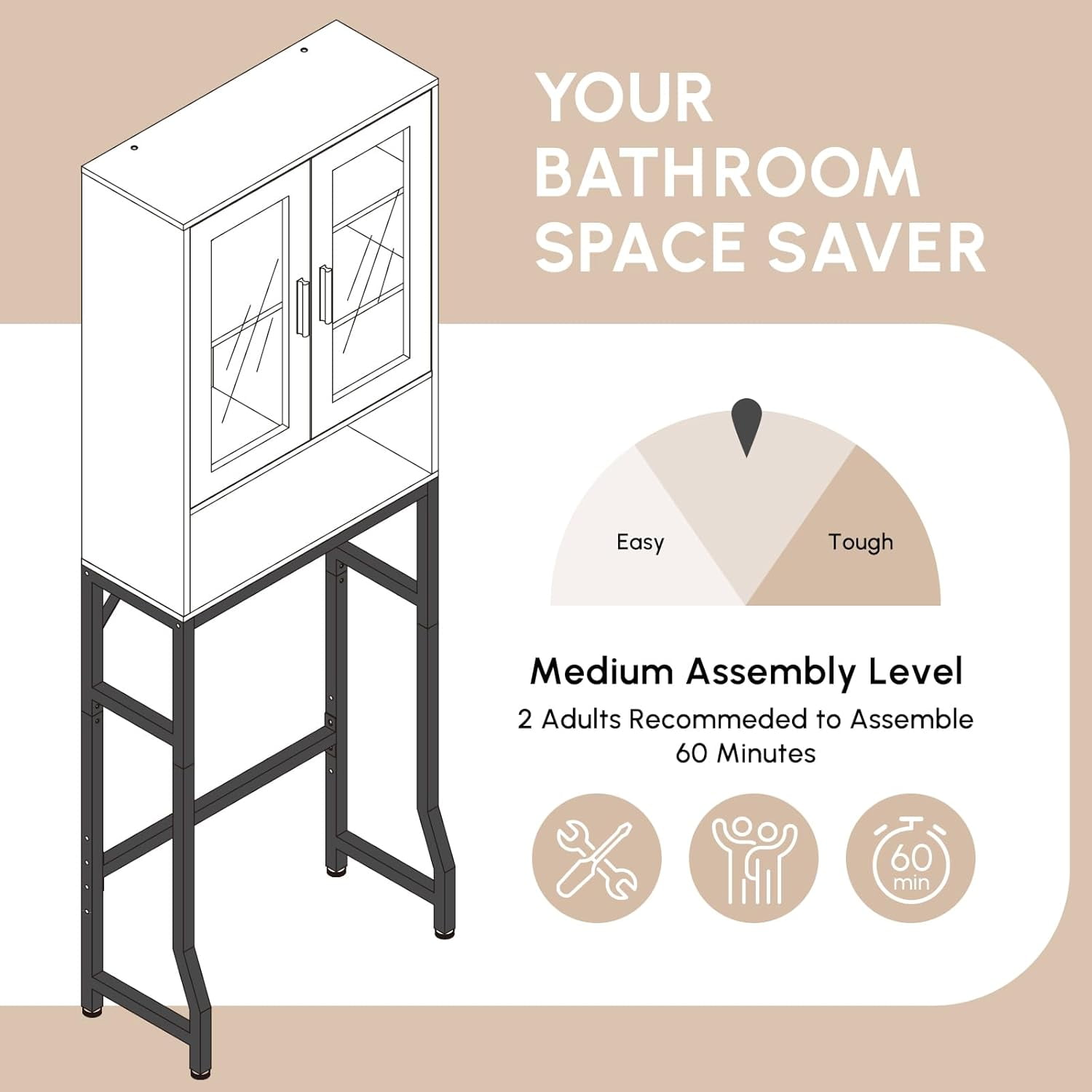 Fil-fresh Over The Toilet Storage Cabinet, Bathroom Organizer with Tempered Glass Doors, Thicken Metal Stand & MDF Wood, Freestanding Space Saver, White