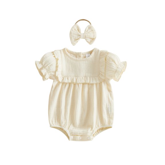Cenuakty 3M 6M 12M 18M Infant Baby Girl Outfit Puff Short Sleeve Crew Neck Solid Color Romper with Bow Headband Set