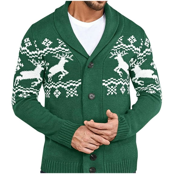Men's Christmas Cardigan Sweater Long Sleeve Shawl Collar Button Down Printed Outerwear Green 3XL