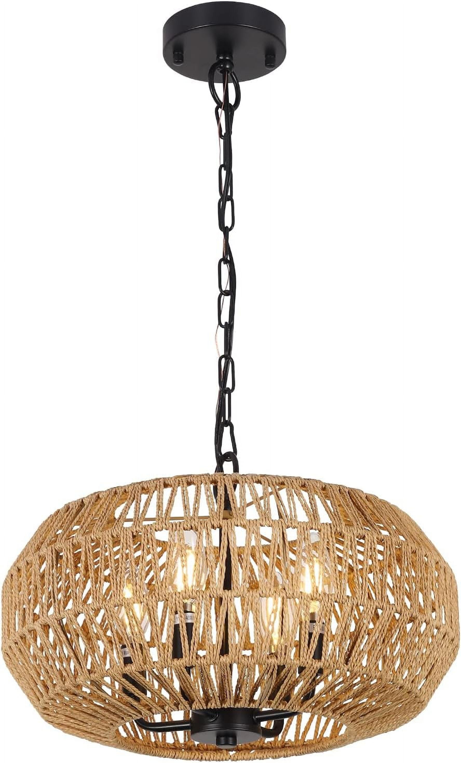 Newest 16” Boho 4-Light Rattan Pendant Light, Hand-Woven Basket Chandelier, Height Adjustable
