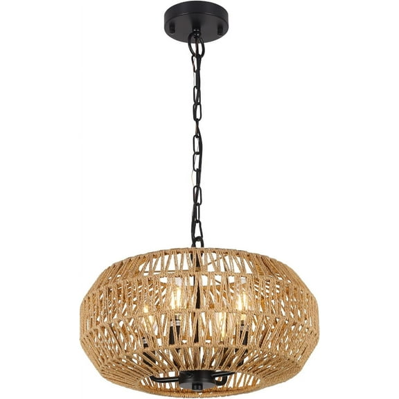 Roninkier Rattan Chandelier Light Fixtures, 4-Lights Boho Hand Wonven Pendant Light, Farmhouse Rustic Chandeliers for Dining Room Living Room Kitchen Island Bedroom Foyer, Height Adjustable 