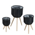 thumbnail image 3 of Set of 3 Poly Rattan Planter Baskets with Wooden Legs, Black Rope Textured Indoor Outdoor Planters for Living Room Corner Entryway, 3 of 6