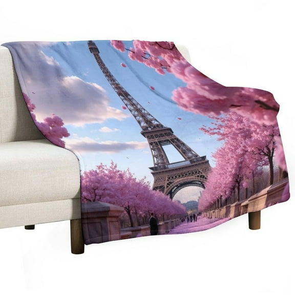 Pink Cherry Blossoms at Eiffel Tower Blankets Bedroom Living Room Sofa Throw Blankets for Beds