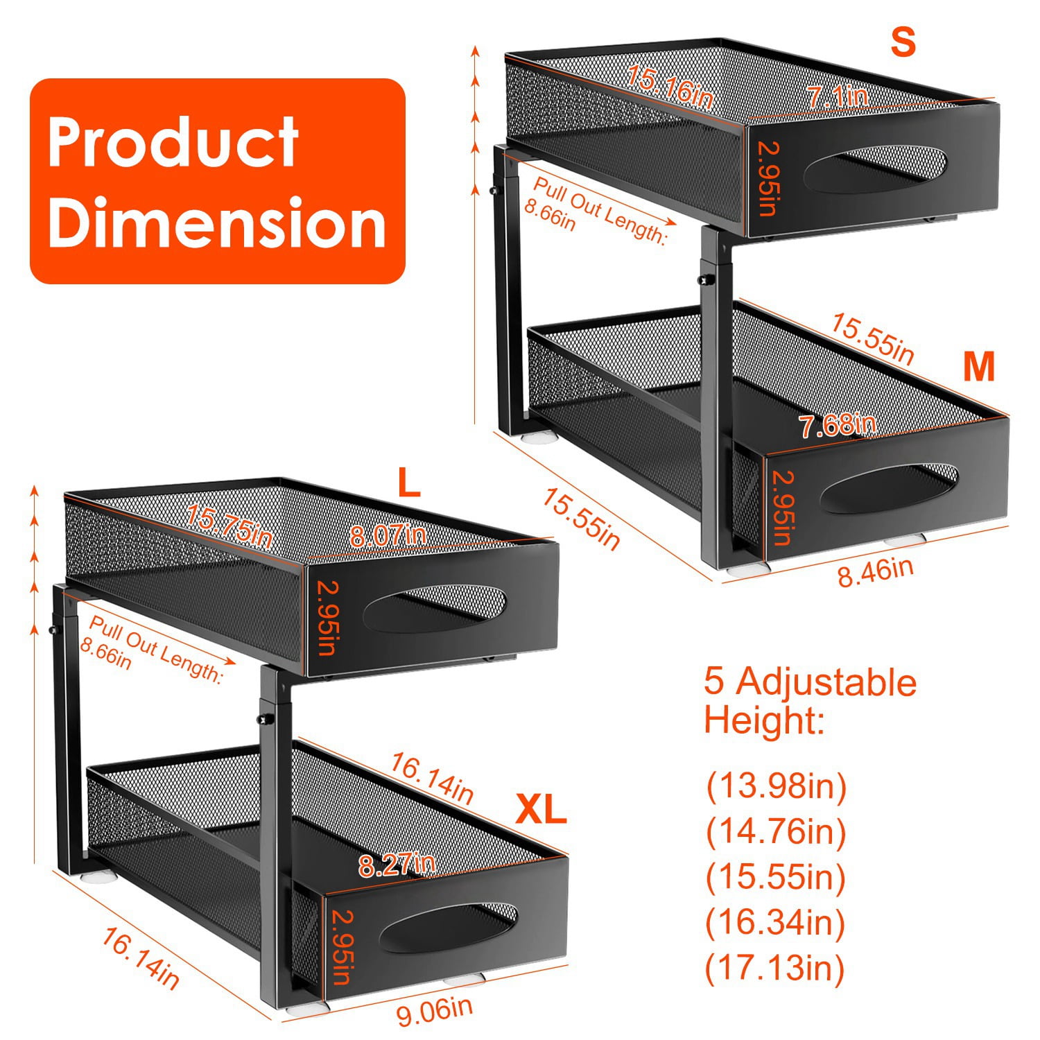 Moclever 2Pcs Under Sink Organizer, 2 Tier Pull Out Cabinet Organizer with 5 Adjustable Height Mesh Baskets for Kitchen Bathroom Office, Black
