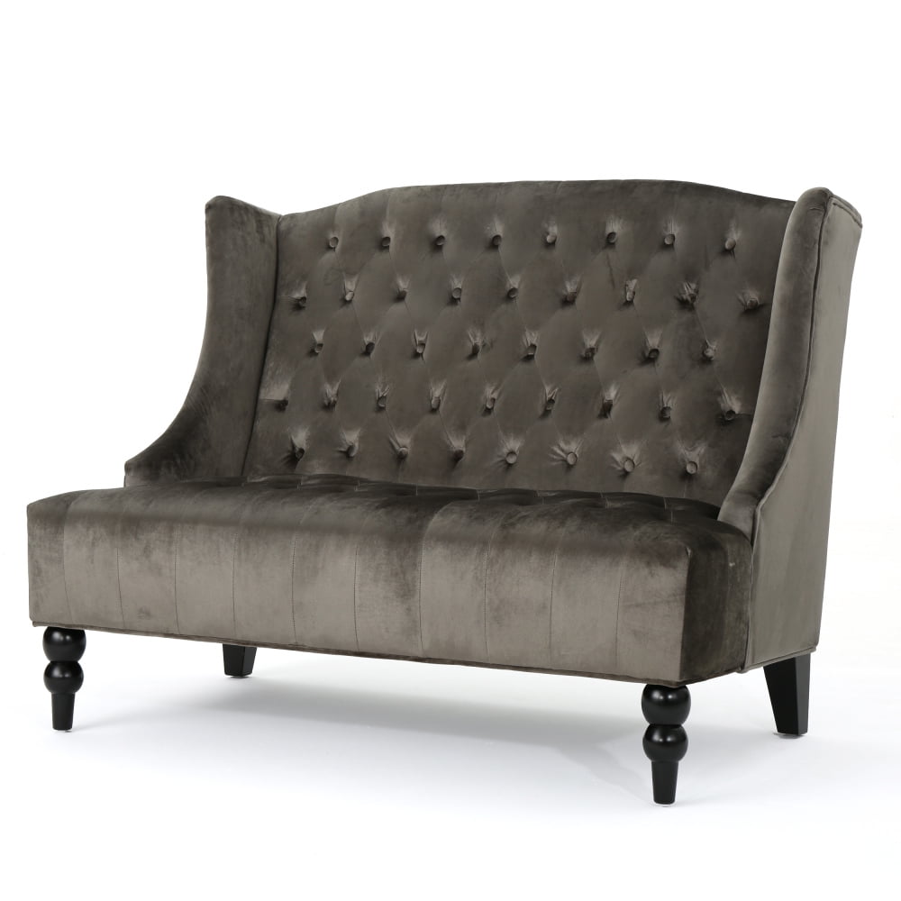 Grey Velvet Loveseat Sofa, Diamond Button Tufted Upholstered Settee with Turned Wood Legs, Modern Glam 2-Seater Small Couch for Living Room Bedroom Entryway