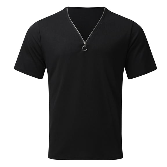 IYTR Mens Shirts Fashion Zipper V Neck Casual Comfy Summer Solid Color Short Sleeve T Shirts Workout Running Athletic Shirts Black L