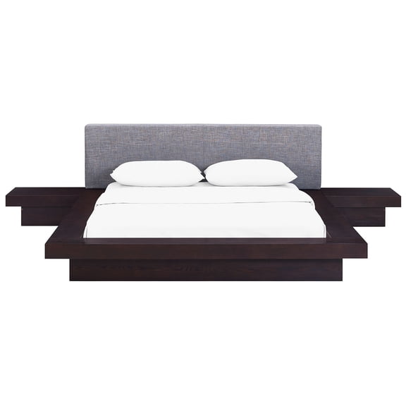Modern Contemporary Urban Design Three PCS Queen Size Bedroom Bed Set, Grey Gray, Fabric Wood