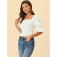 thumbnail image 3 of Allegra K Blusa de manga abullonada con cuello cuadrado y volante fruncido para mujer blanco XS, 3 of 5
