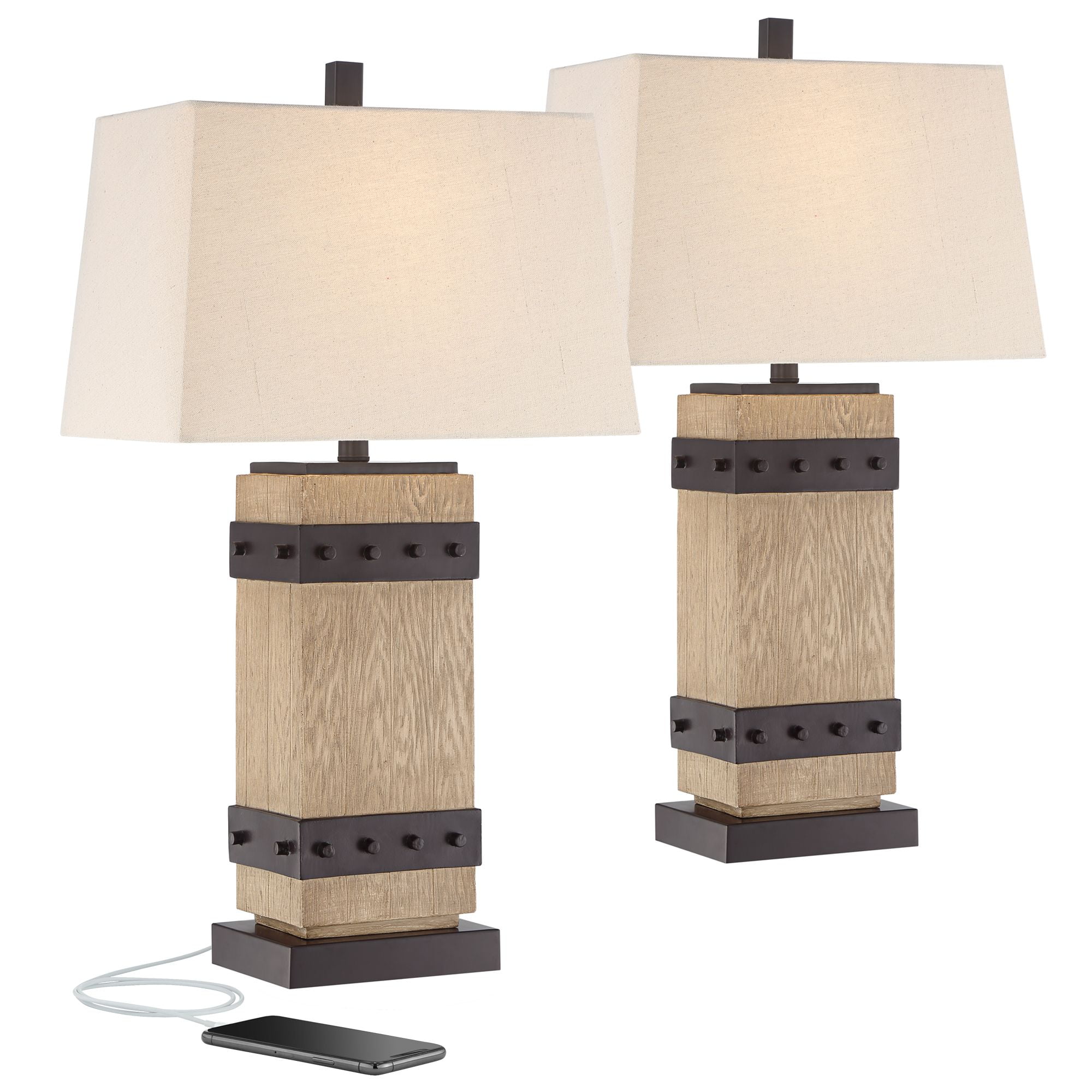John Timberland Rustic Table Lamp Set of 2 Faux Wood Faux Iron Off
