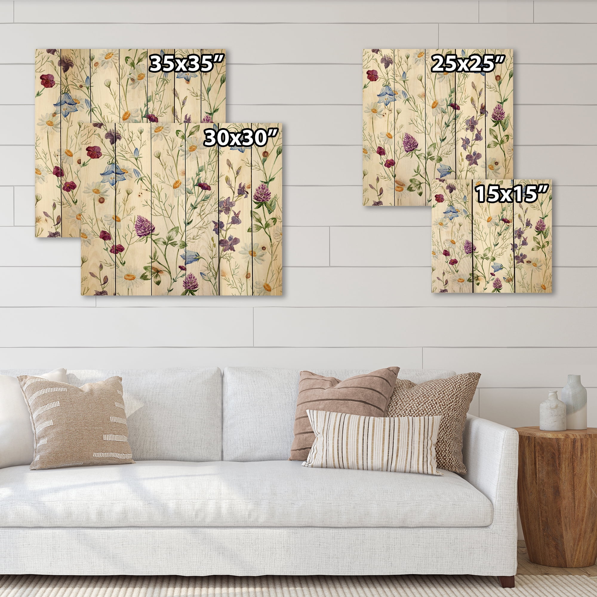 Designart 'Wildflowers Clover Bell and Chamomile I' Traditional Print on Natural Pine Wood