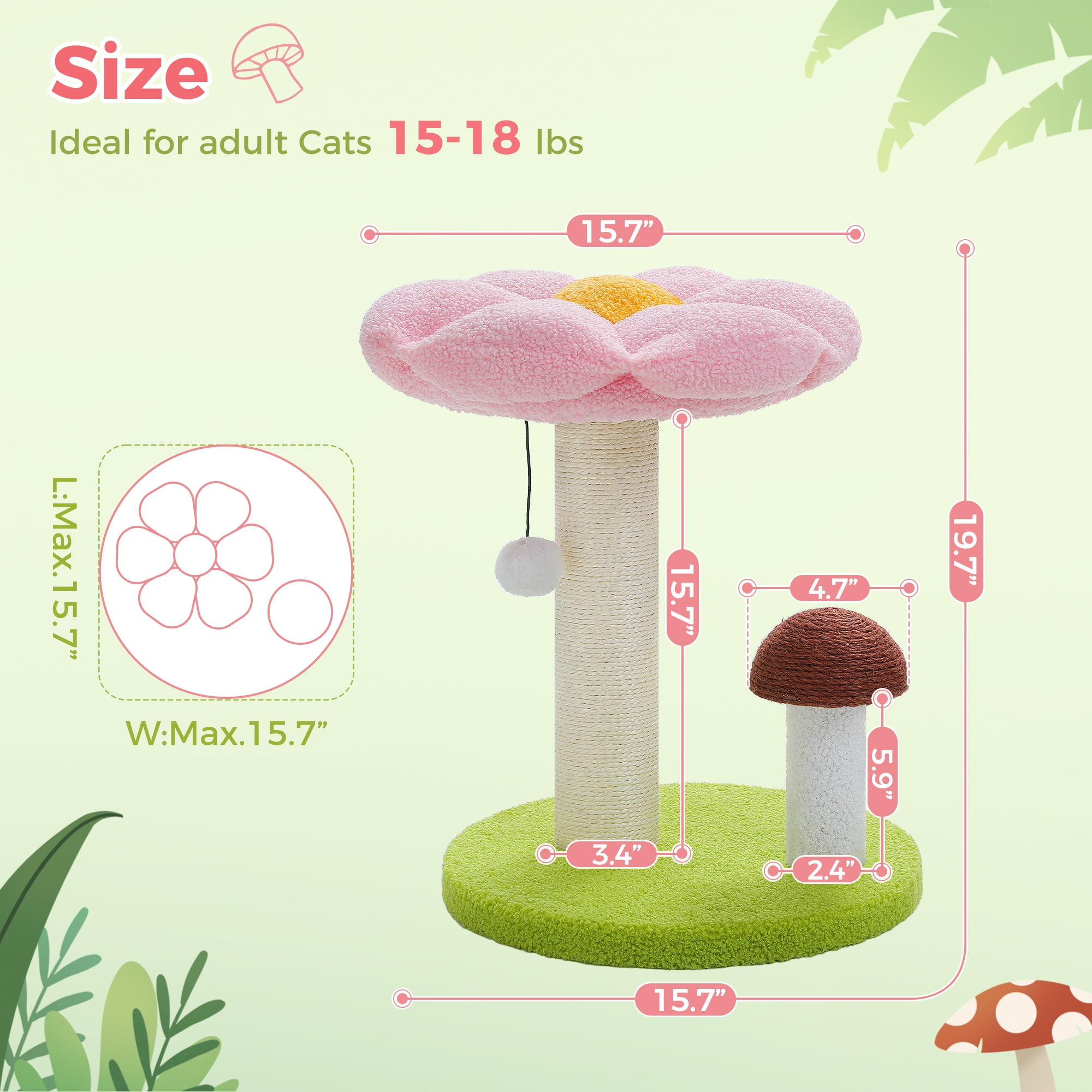 PEQULTI 19.7" Flower Cat Scratch Post, Cat Tree Tower with Removable Perch for Kittens and Small Cats, Pink